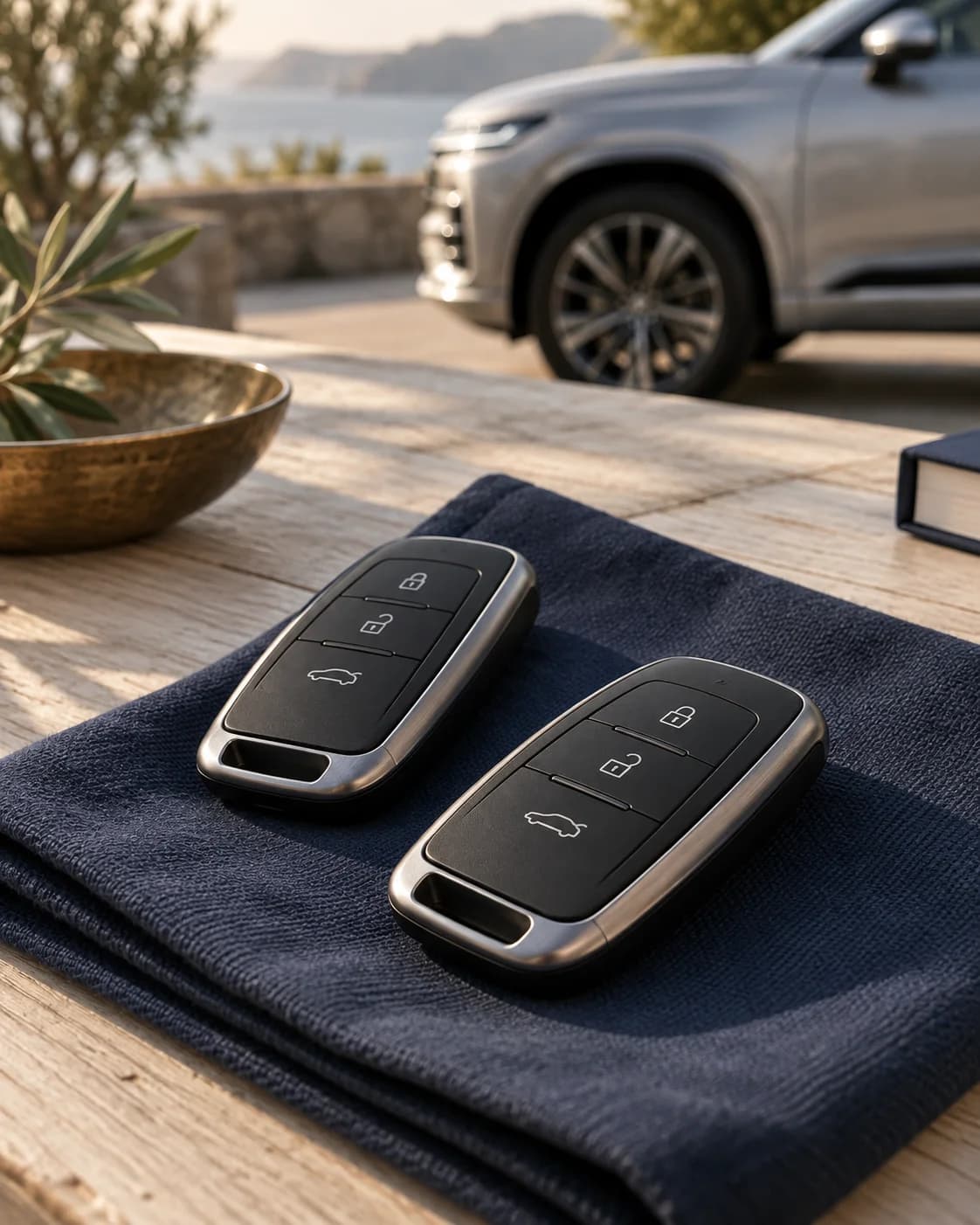 Two car key fobs on navy cloth beside a silver vehicle