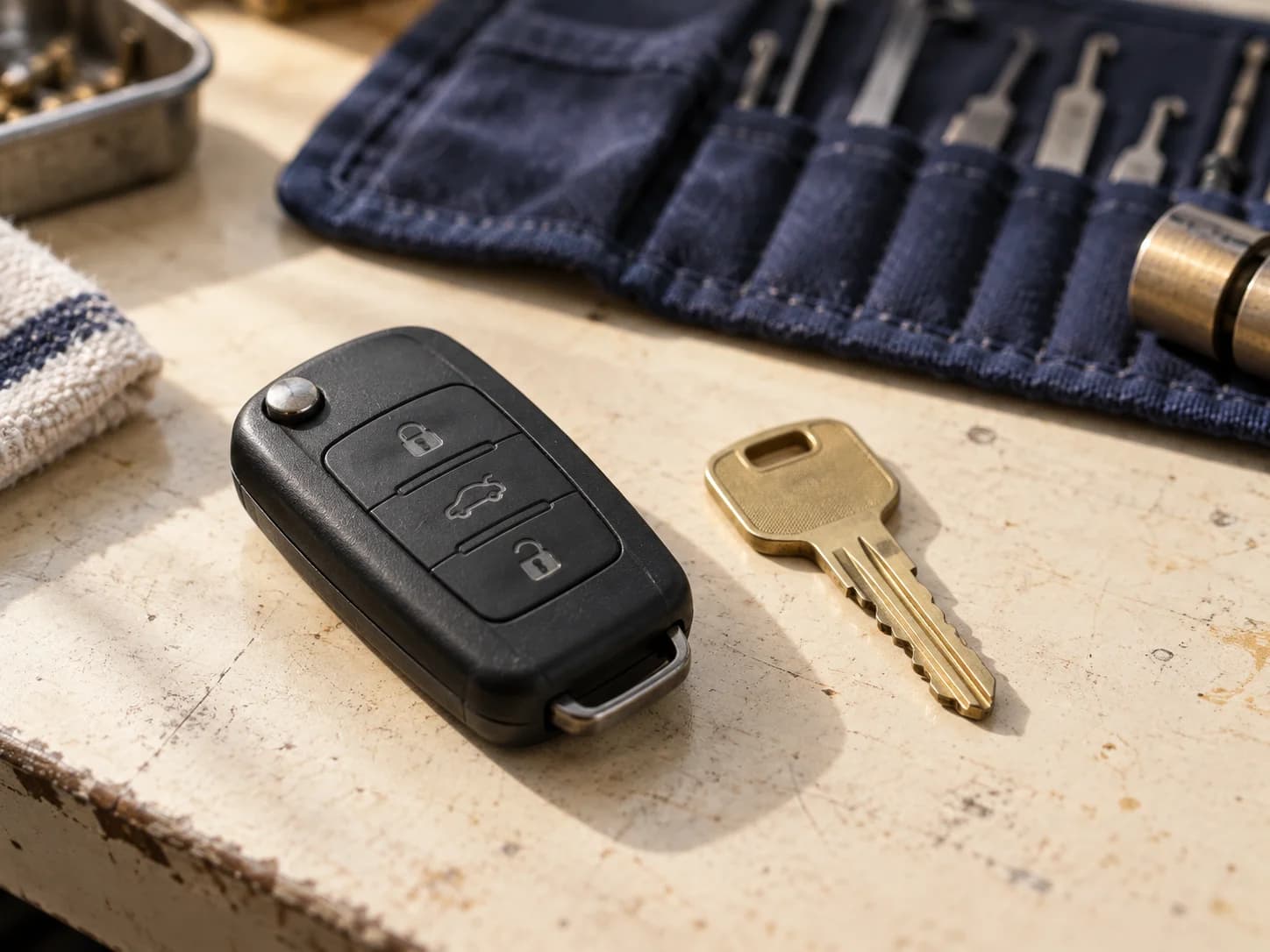 Car key fob and brass key on a locksmith’s workbench